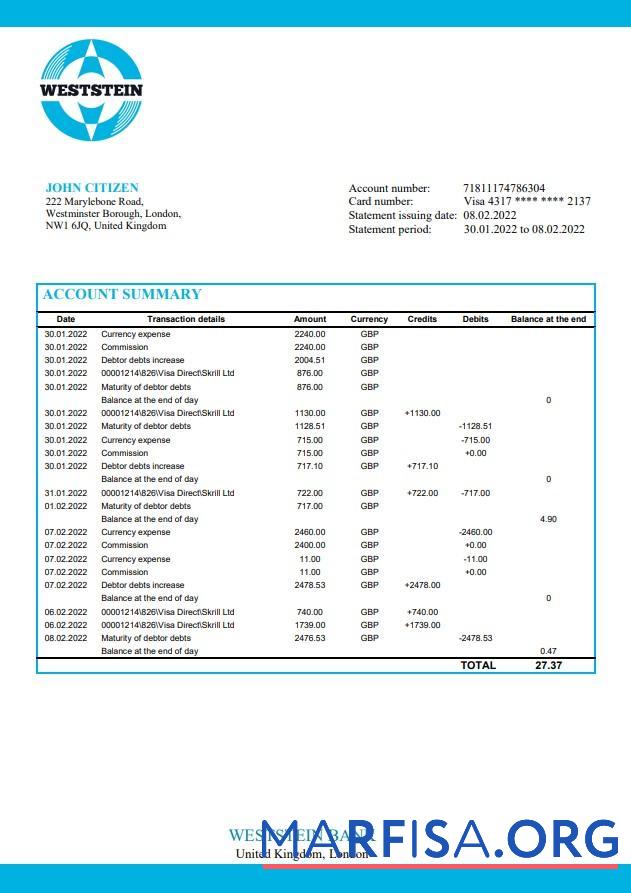 Blank United Kingdom Weststein bank statement word sample